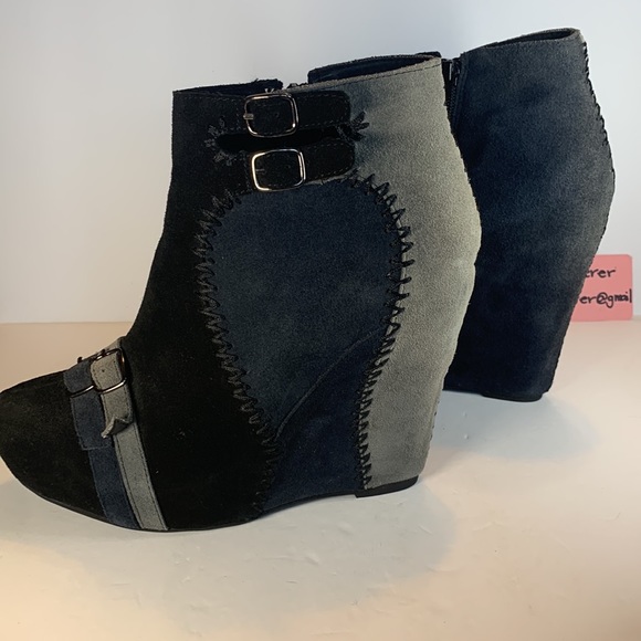 Restricted Suede Black & Blue Patchwork Wedge Buckle Booties - Picture 3 of 16